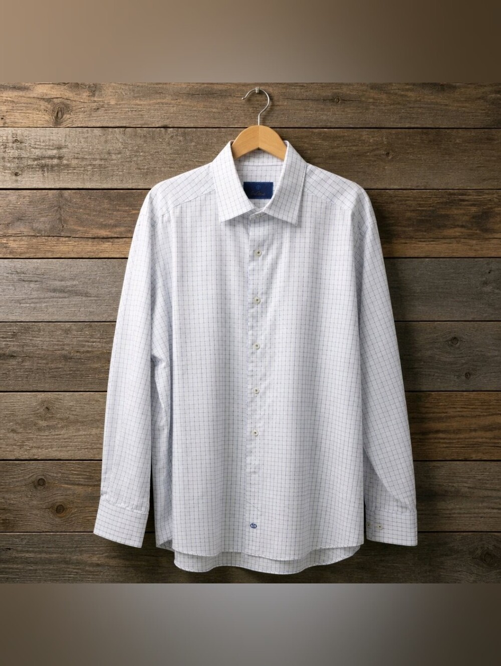 David Donahue White Dress Shirt with Blue Windowpane Design Sz 17-34/35